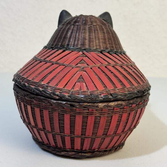 VTG Cat Shaped Woven Wicker Basket Straw Rattan Lidded Trinket Box Boho 6” X 6” - Picture 4 of 6